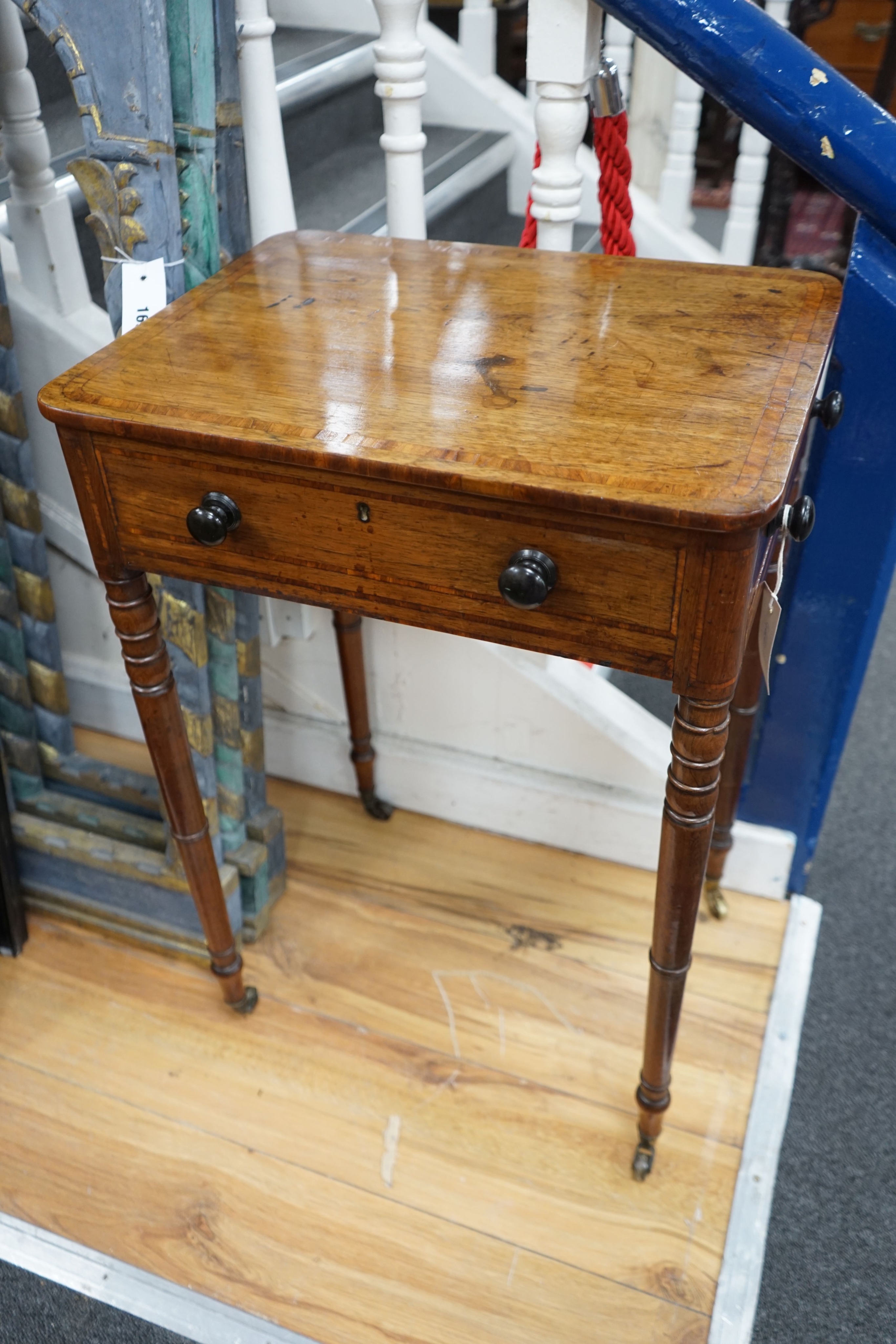 A Regency banded rosewood centre table, width 49cm, depth 38cm, height 73cm